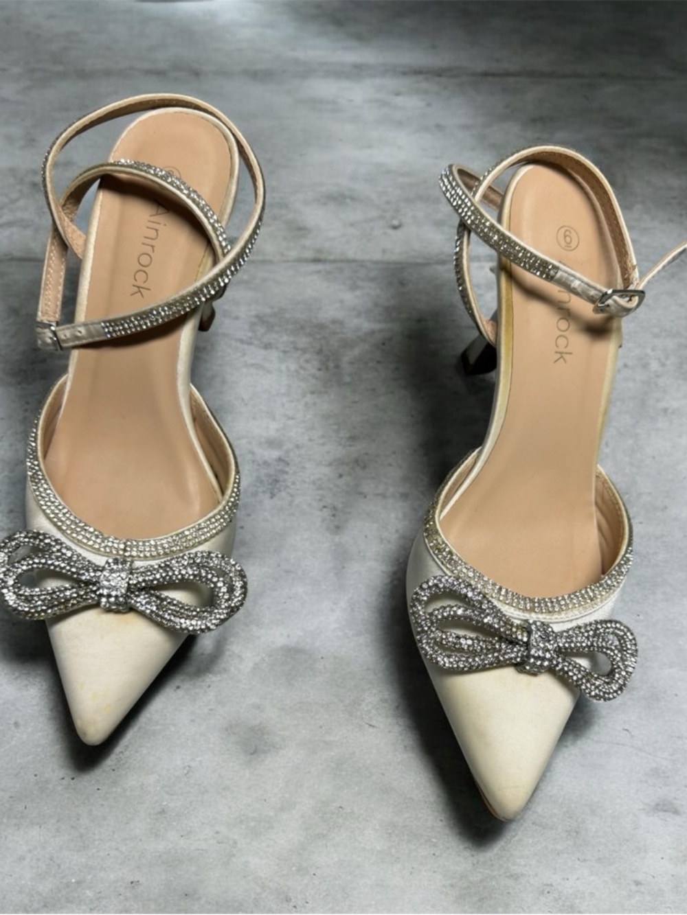 Embellished Ivory Pointed-Toe Ankle Strap Heels
